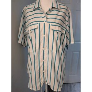 Vintage White & Teal Striped 80's Summer Blouse Short Sleeve Button Down Large